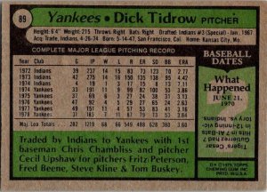 1979 Topps Baseball Card Dick Tidrow New York Yankees