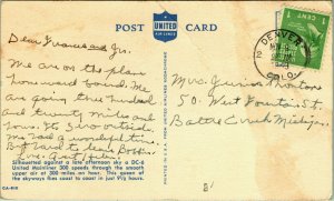 United Airlines DC-6 United Mainliner in flight PM 1949 Denver CO Postcard