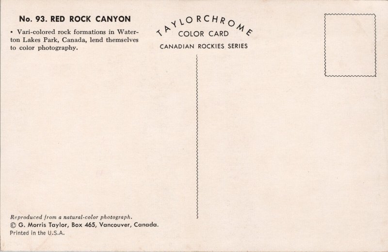 Red Rock Canyon Waterton Lakes Park Canada Postcard PC404