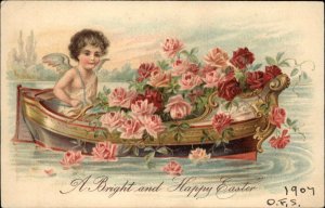 Easter Fantasy Angel Fairy in Boat of Roses c1910 Vintage Postcard