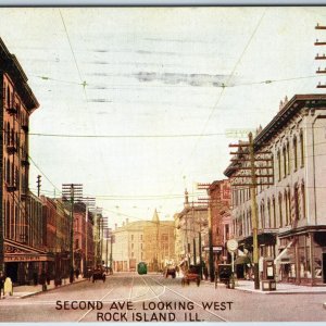 c1910s Rock Island IL Downtown Second Ave Looking West Telegraph Line Crowd A210