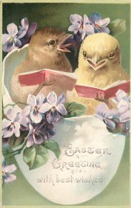 Embossed Easter Postcard Anthropomorphic Chicks Sing Hymns