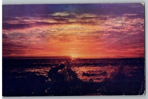 Splashing Waves Boy Crabbing Sun Setting off the Coast of Kona Hawaii Postcard