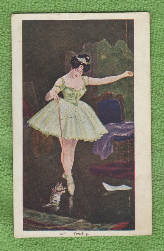 Vintage Postcard PRETTY WOMAN BALLERINA LADY WITH CAT