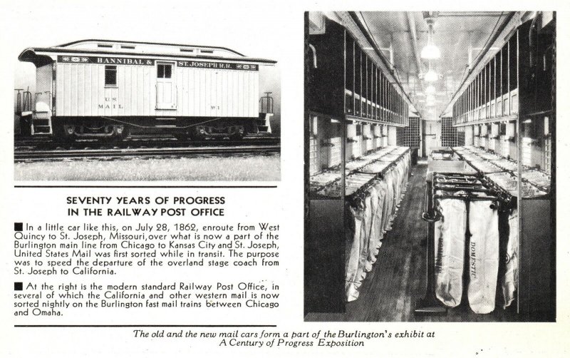 Vintage Postcard 1920's The Old & New Mail Cars Burlington's Exhibit Progress