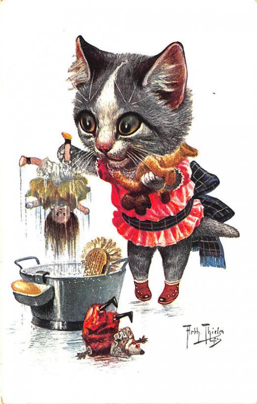 Artist Arthur Thiele Cat Washing  Dolls Teddy Bear Toys Postcard