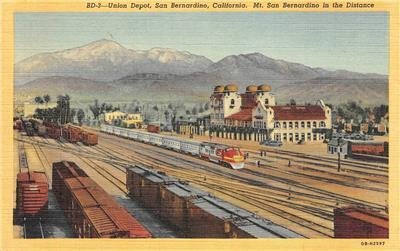 Railroad Train UNION DEPOT San Bernardino, California c1940s Vintage Postcard