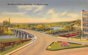 18th Street Bridge Viaduct Train Des Moines Iowa linen postcard