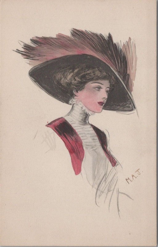 Postcard Fancy Lady Red Feathered Hat Artist Signed MAJ