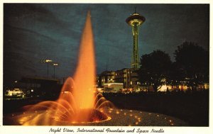 Vintage Postcard 1920's Night View International Fountain And Space Needle WA