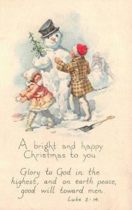 Holiday Greetings  BRIGHT & HAPPY CHRISTMAS Snowman & Kids & Luke 2:14 Postcard