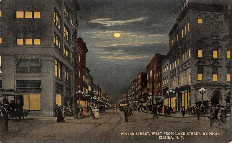 Elmira NY Moon on a Hazy Night~Cigar Store~Bell Telephone Sign~Traffic Cop~c1910 