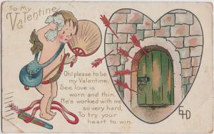 VALENTINE'S DAY  Postcard E.H.D. LOCKED DOOR Fan c1910 CUPID V25