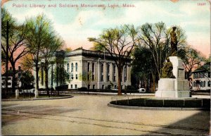 Public Library and Soldiers Monument, Lynn MA Vintage Postcard S62