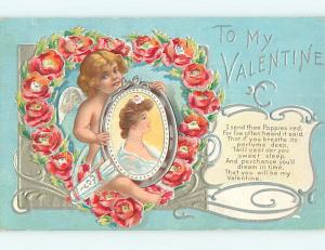 Divided-Back valentine CUPID HOLDS FRAMED PICTURE OF PRETTY GIRL r4060