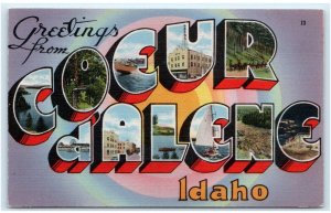 Large Letter Linen COEUR D' ALENE, ID Idaho ~ c1940s Kootenai County Postcard