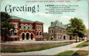 Postcard Elks Temple and Post Office in Jackson, Michigan