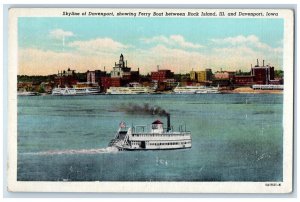 Skyline Davenport Ferry Boat Rock Island Illinois And Davenport IL Postcard 