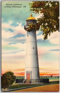 Biloxi Mississippi MS, 1947 Historic Lighthouse, Cylindrical Tower, Postcard