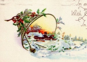 Postcard Christmas Greetings - Winter scene inside of bell