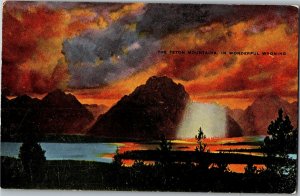 Teton Mountains at Sunset WY Vintage Postcard T16