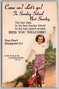 Postcard c1930s Come On! Let's Go To Sunday School Next Sunday Girl on Bicycle