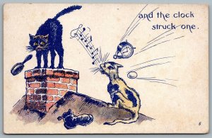 Postcard c1907 Comical Two Cats On Roof Chimney .. And the Clock Struck One