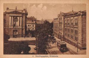 Kristiania Norway Stortingsgaten Trolley Street Scene Antique Postcard J80722