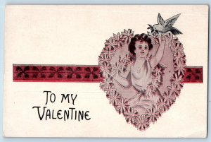Seattle WA Postcard Valentine Floral Heart Young Girl With Dove Bird c1910's
