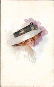 Pretty Victorian Woman Large Black Ribbon Hat Glamour Girl Postcard Z16