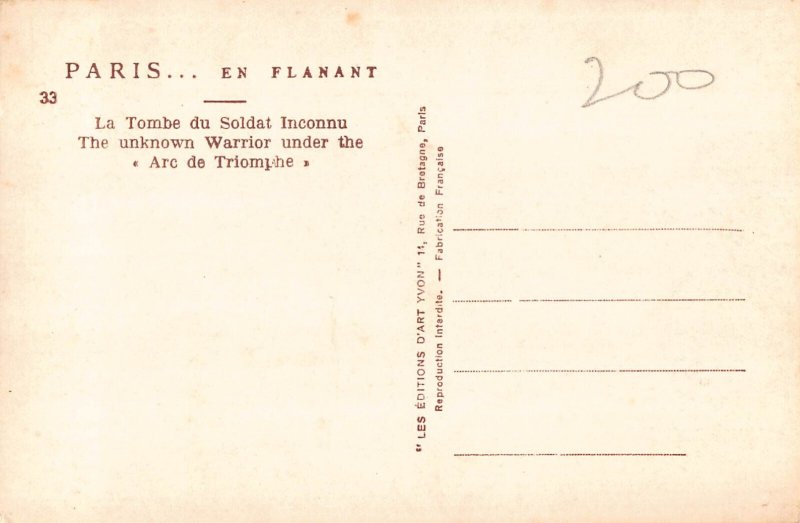 A757 France Paris Unknown Warrior under the Arc de Triomphe vintage postcard