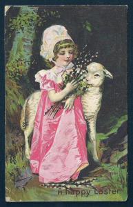 'Happy Easter' Girl & Lamb Pussy Willows Used c1910s