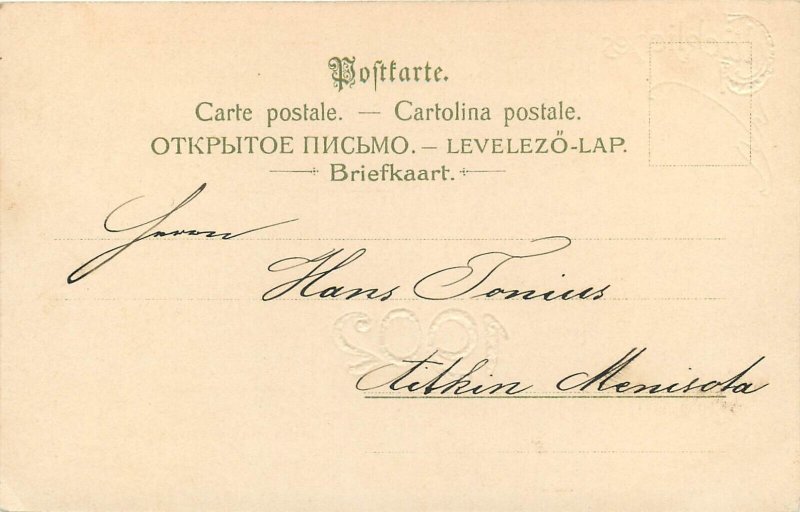 Glucklches Fantsy Moon & Sun Drinking 1902 (Gold Foil) New Year Toast Postcard