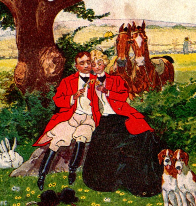 Couple hunting 2 hounds 2 bunnies 2 horses 2 squirrels romance PAIRED c1905