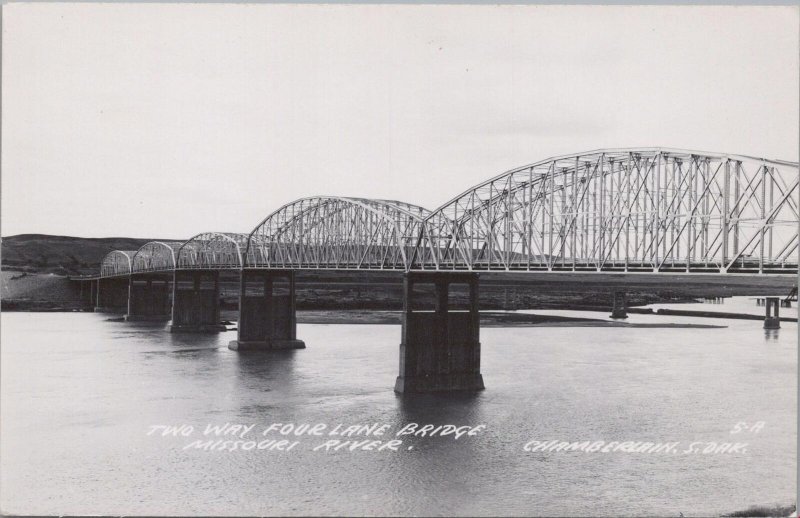 RPPC Postcard Two Way Four Lane Bridge Missouri River Chamberlain South Dakota