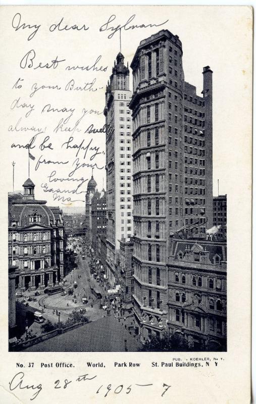 US    PC685  POST OFFICE, WORLD, PARK ROW, ST PAUL BUILDINGS, NY