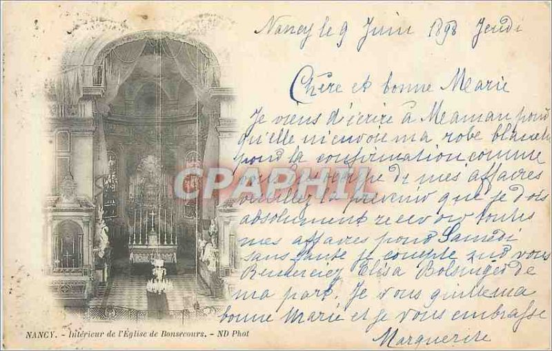 Old Postcard Nancy Interior of The Church Bonsecours (map 1900)