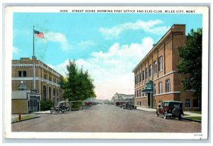 c1930's Street Scene Showing Post Office Elks Club Cars Miles City MT Postcard