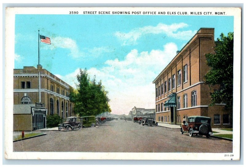 c1930's Street Scene Showing Post Office Elks Club Cars Miles City MT Postcard