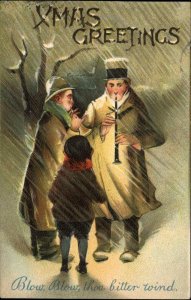 Men Playing Musical Instruments Snowstorm Christmas Seal c1910 Vintage Postcard