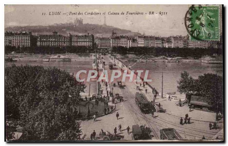 Postcard Old Bridge Lyon Cordeliers and hillside Fourvières