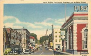 AUBURN MAINE North Bridge Lewiston autos TEICH linen postcard 4427