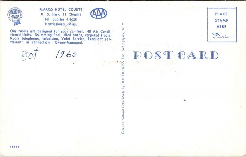 Postcard Marco Hotel Courts in Hattiesburg, Mississippi~135057