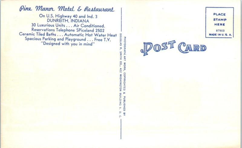 DUNREITH, IN Indiana    PINE  MANOR   MOTEL   c1950s   Roadside  Linen  Postcard