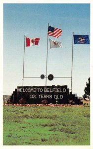 ND, North Dakota   WELCOME to BELFIELD SIGN~101 Years Old   FLAGS Postcard