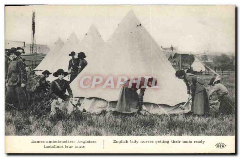 Postcard Old English Ladies ambulance installing their tent Army Nurse