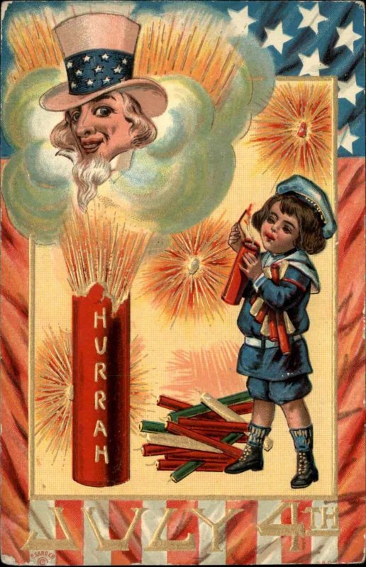 Fourth of July Uncle Sam Little Boy Fierworks Patriotic c1910 Vintage Postcard
