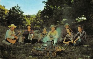 Campfire At Twilight On A Dude Ranch Cowboys Guitar c1950s Vintage Postcard