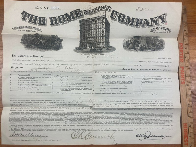 Antique 1885 Home Insurance Company of New York Warsaw Indiana Contract