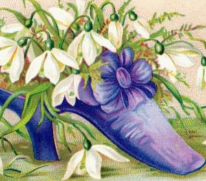 1880s Dayton's Wool Wristlets J.F. Dayton Snowdrop Flowers In Purple Shoe F118